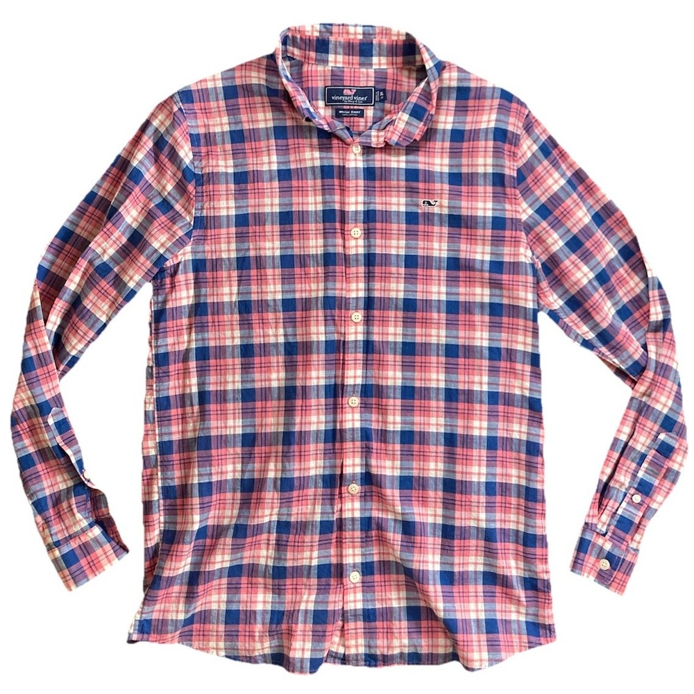 Vineyard Vines Boys Size 16 100% Cotton Plaid Button Down Whale Shirt